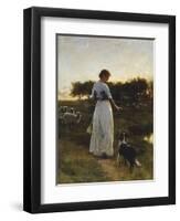 A Shepherdess with her Dog and Flock in a Moonlit Meadow-George Faulkener Wetherbee-Framed Premium Giclee Print