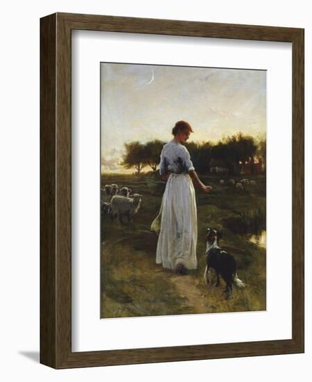 A Shepherdess with her Dog and Flock in a Moonlit Meadow-George Faulkener Wetherbee-Framed Giclee Print