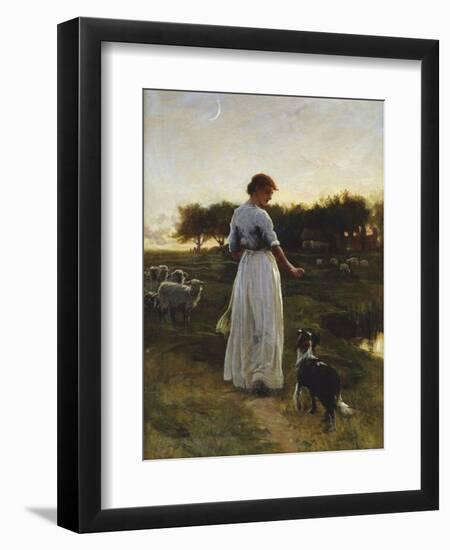 A Shepherdess with her Dog and Flock in a Moonlit Meadow-George Faulkener Wetherbee-Framed Giclee Print