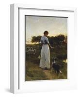 A Shepherdess with her Dog and Flock in a Moonlit Meadow-George Faulkener Wetherbee-Framed Giclee Print