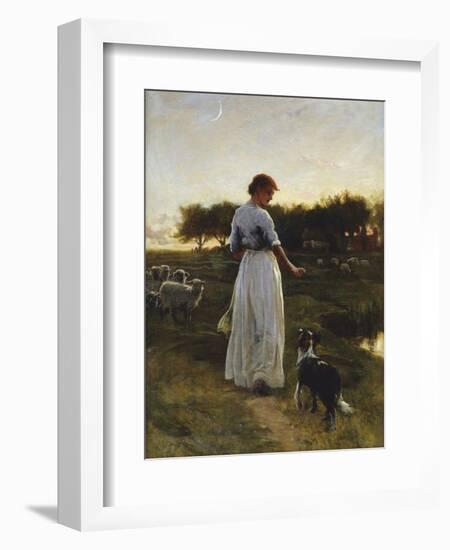 A Shepherdess with her Dog and Flock in a Moonlit Meadow-George Faulkener Wetherbee-Framed Giclee Print