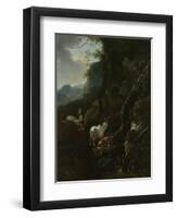 A Sherpherdess with Animals in a Mountainous Landscape-Adam Pijnacker-Framed Art Print