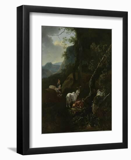 A Sherpherdess with Animals in a Mountainous Landscape-Adam Pijnacker-Framed Art Print