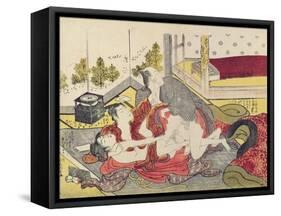 A 'Shunga'(Erotic) Print: a Woman and Two Men-Kitao Masanobu-Framed Stretched Canvas