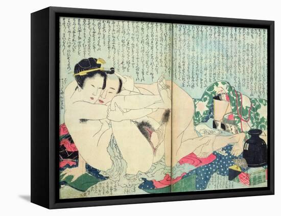 A 'Shunga' (Erotic Print), from 'Manpoku Wago-Jin': Lovers and a Wine Jar, 1821-Katsushika Hokusai-Framed Stretched Canvas