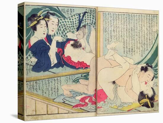 A 'Shunga' (Erotic Print), from 'Manpoku Wago-Jin: Two Pairs of Lovers, 1821-Katsushika Hokusai-Stretched Canvas