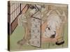 A 'Shunga' (Erotic) Print: Lovers Being Observed by a Maid from Behind a Screen-Isoda Koryusai-Stretched Canvas