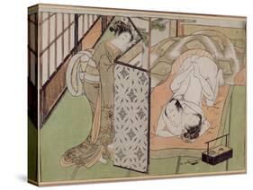 A 'Shunga' (Erotic) Print: Lovers Being Observed by a Maid from Behind a Screen-Isoda Koryusai-Stretched Canvas
