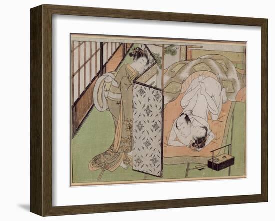 A 'Shunga' (Erotic) Print: Lovers Being Observed by a Maid from Behind a Screen-Isoda Koryusai-Framed Giclee Print