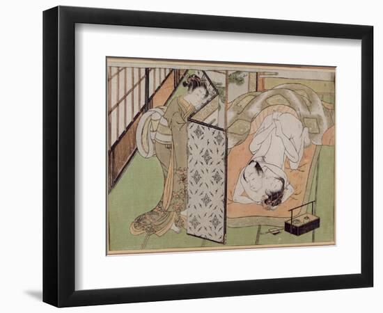 A 'Shunga' (Erotic) Print: Lovers Being Observed by a Maid from Behind a Screen-Isoda Koryusai-Framed Giclee Print