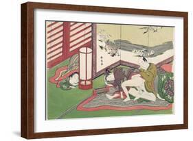 A 'Shunga', from a Series of Twenty Four Erotic Prints: Lovers with a Child Looking On, 1725-70-Suzuki Harunobu-Framed Giclee Print