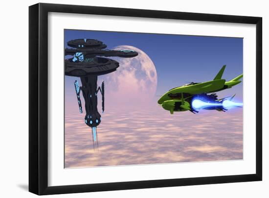 A Shuttle Delivers Supplies to a Space Station-Stocktrek Images-Framed Art Print
