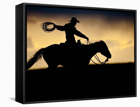 A Silhouetted Cowboy Riding Alone a Ridge at Sunset in Shell, Wyoming, USA-Joe Restuccia III-Framed Stretched Canvas