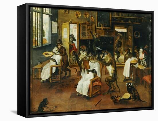 A Singerie: Monkey Barbers Serving Cats-Jan Van Kessel-Framed Stretched Canvas