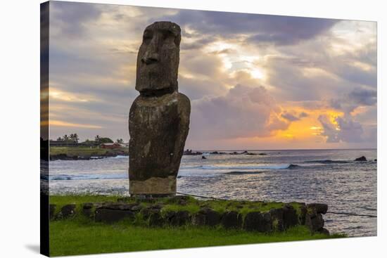 A Single Moai at Fisherman's Harbor in the Town of Hanga Roa-Michael Nolan-Stretched Canvas