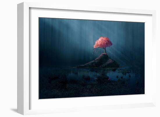 A Single Pink Tree in a Dark Blue Forest.-Amanda Carden-Framed Art Print