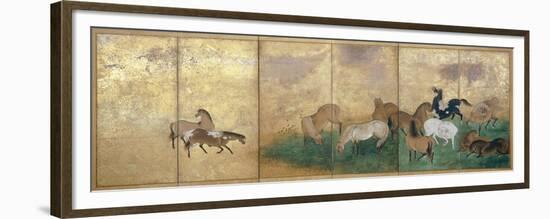 A Six Panel Screen Painted in Sumi, Colour and Gofun on Gold-Sprinkled Paper-null-Framed Giclee Print