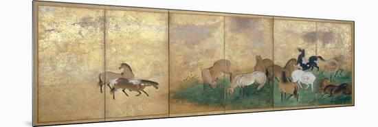 A Six Panel Screen Painted in Sumi, Colour and Gofun on Gold-Sprinkled Paper-null-Mounted Giclee Print