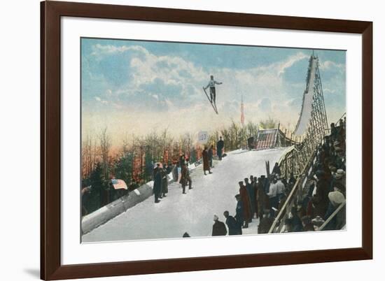 A Ski Tournament Jump, Skier Making 132 ft - Duluth, MN-Lantern Press-Framed Premium Giclee Print