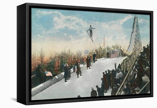 A Ski Tournament Jump, Skier Making 132 ft - Duluth, MN-Lantern Press-Framed Stretched Canvas