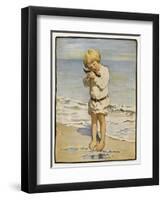 A Small Blond Boy Finds a Seagull with an Injured Wing as He Paddles by the Water's Edge-null-Framed Art Print