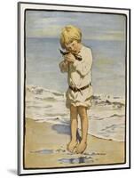 A Small Blond Boy Finds a Seagull with an Injured Wing as He Paddles by the Water's Edge-null-Mounted Art Print