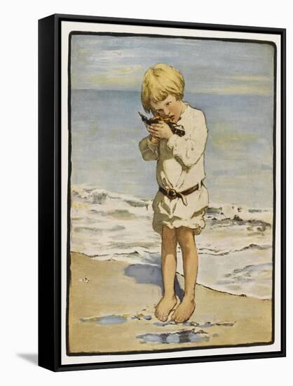 A Small Blond Boy Finds a Seagull with an Injured Wing as He Paddles by the Water's Edge-null-Framed Stretched Canvas