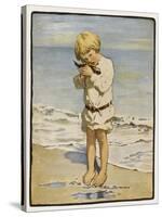 A Small Blond Boy Finds a Seagull with an Injured Wing as He Paddles by the Water's Edge-null-Stretched Canvas