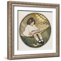 A Small Girl Sits on a Hammock Amusing Herself by Reading an Atlas-null-Framed Art Print