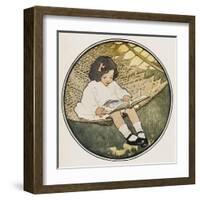 A Small Girl Sits on a Hammock Amusing Herself by Reading an Atlas-null-Framed Art Print