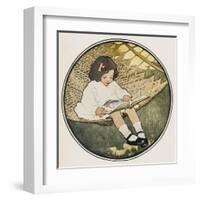 A Small Girl Sits on a Hammock Amusing Herself by Reading an Atlas-null-Framed Art Print