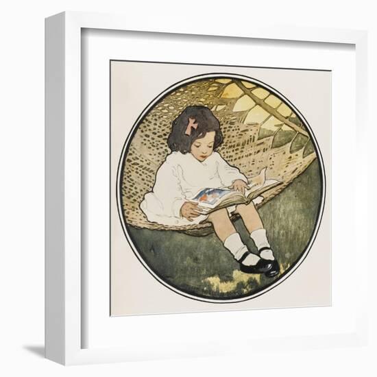 A Small Girl Sits on a Hammock Amusing Herself by Reading an Atlas-null-Framed Art Print