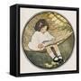 A Small Girl Sits on a Hammock Amusing Herself by Reading an Atlas-null-Framed Stretched Canvas