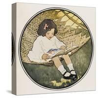 A Small Girl Sits on a Hammock Amusing Herself by Reading an Atlas-null-Stretched Canvas