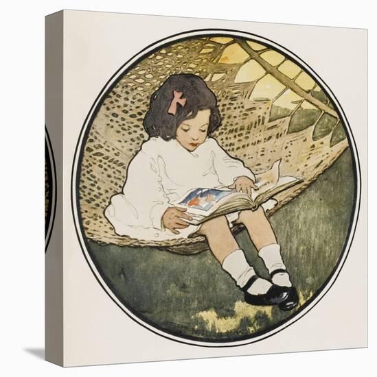 A Small Girl Sits on a Hammock Amusing Herself by Reading an Atlas-null-Stretched Canvas
