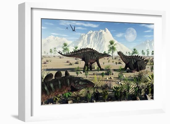 A Small Group of Stegosaurid Miragaia Dinosaurs-null-Framed Art Print