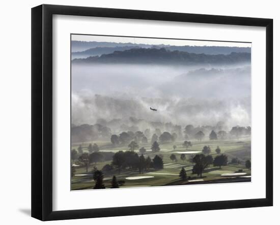 A Small Plane Descends Over Fog Covered Reeves Municipal Golf Course as It Lands at Lunken Airport-null-Framed Premium Photographic Print