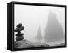 A Small Stone Cairn on Driftwood with Sea Stacks at Rialto Beach, Olympic National Park, Washington-Ethan Welty-Framed Stretched Canvas