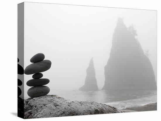 A Small Stone Cairn on Driftwood with Sea Stacks at Rialto Beach, Olympic National Park, Washington-Ethan Welty-Stretched Canvas