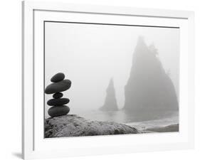 A Small Stone Cairn on Driftwood with Sea Stacks at Rialto Beach, Olympic National Park, Washington-Ethan Welty-Framed Photographic Print