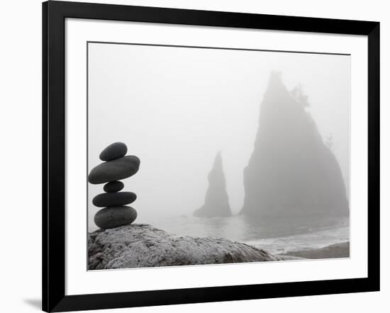 A Small Stone Cairn on Driftwood with Sea Stacks at Rialto Beach, Olympic National Park, Washington-Ethan Welty-Framed Photographic Print