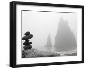 A Small Stone Cairn on Driftwood with Sea Stacks at Rialto Beach, Olympic National Park, Washington-Ethan Welty-Framed Photographic Print