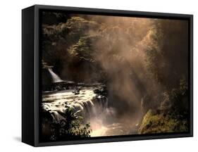 A Small Waterfall in the Jungle with Sun Rays-Jody Miller-Framed Stretched Canvas