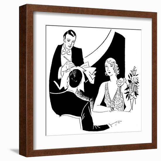 A Smart Waiter Takes the Order of a Seated Couple-null-Framed Art Print