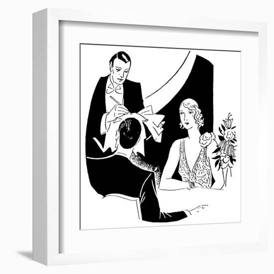 A Smart Waiter Takes the Order of a Seated Couple-null-Framed Art Print