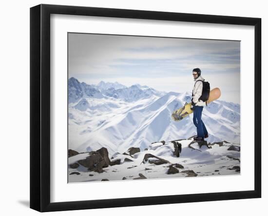 A Snowboarder at the Summit of Mount Affawat in Gulmarg, Kashmir, India-Julian Love-Framed Premium Photographic Print