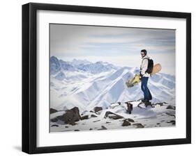 A Snowboarder at the Summit of Mount Affawat in Gulmarg, Kashmir, India-Julian Love-Framed Premium Photographic Print