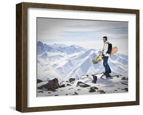 A Snowboarder at the Summit of Mount Affawat in Gulmarg, Kashmir, India-Julian Love-Framed Photographic Print