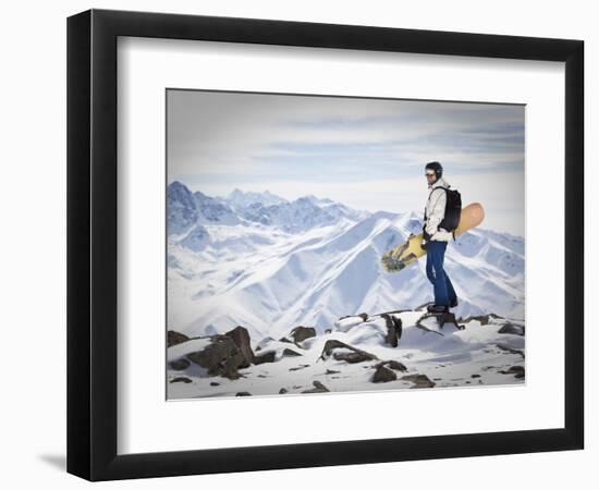 A Snowboarder at the Summit of Mount Affawat in Gulmarg, Kashmir, India-Julian Love-Framed Photographic Print