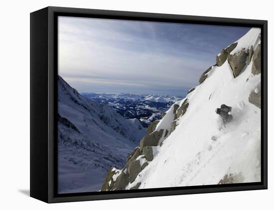 A Snowboarder Tackles a Challenging Off Piste Descent on Mont Blanc, Chamonix, Haute Savoie, French-David Pickford-Framed Stretched Canvas